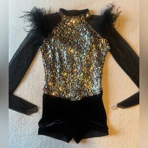 A Wish Come True dance costume, black velvet silver sequins feather shoulders. M